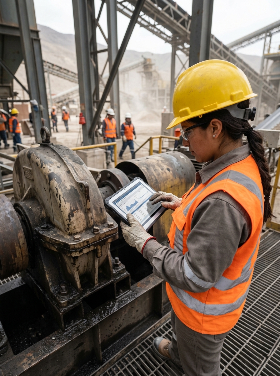 Ingeniera usando tablet con datos de mantenimiento en terreno