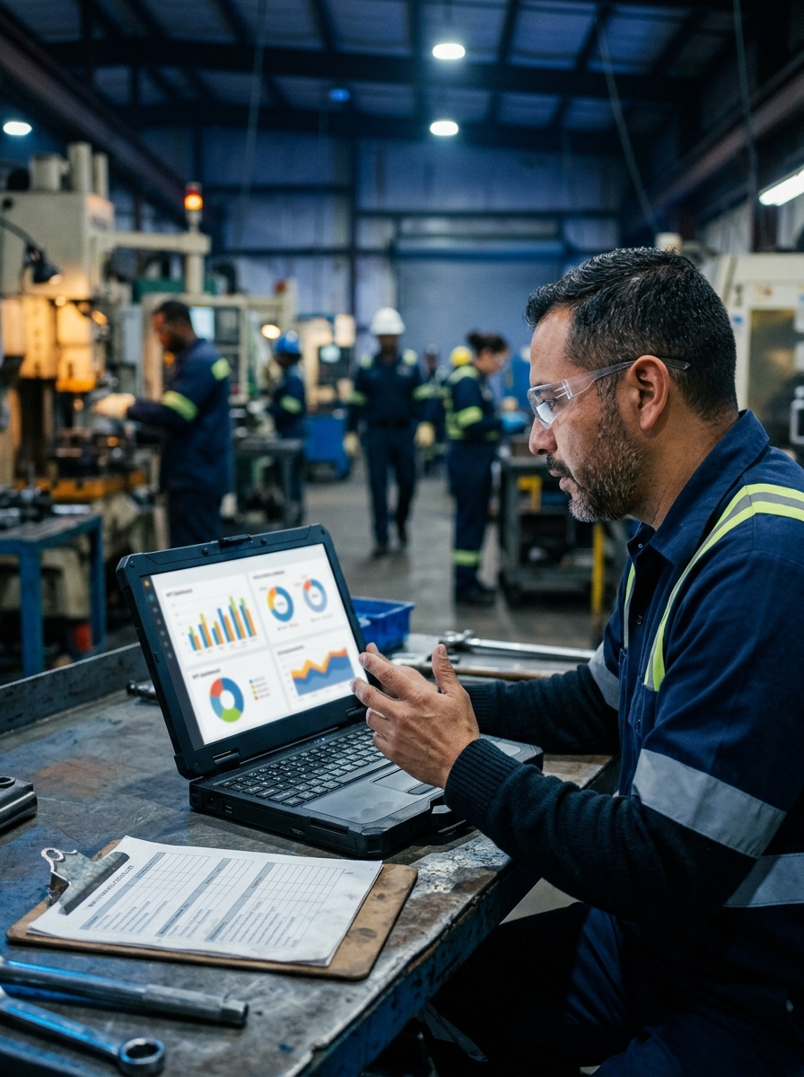 Profesional revisando dashboard de KPIs en planta industrial